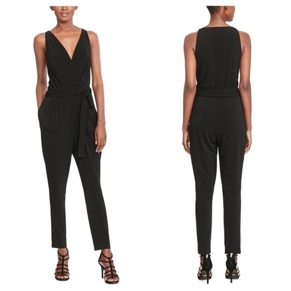 Ralph Lauren Black Surplice Faux Wrap Stretch Crepe Jumpsuit Medium M E11